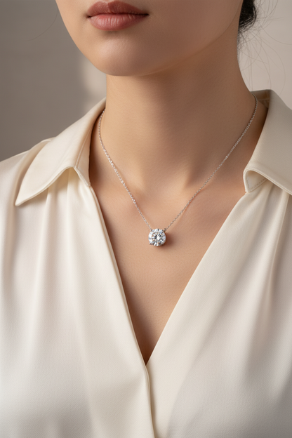 Round Moissanite Pendant Necklace – S925 Sterling Silver 4-Prong Solitaire Diamond-Look Chain for Women, Wedding Jewelry and Elegant GRA-Certified Gifts