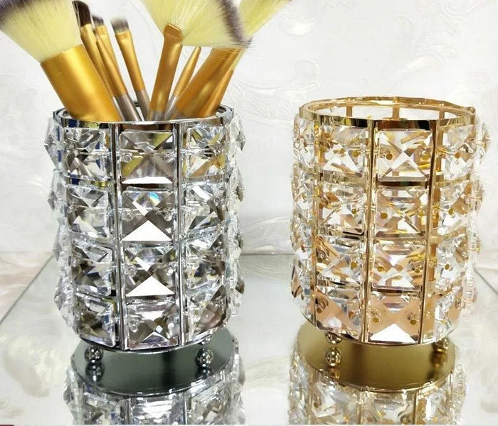 Crystal Makeup Brush Storage Tube – Elegant Metal Cosmetic Organizer for Eyebrow Pencils, Jewelry and Beauty Accessories with European Style