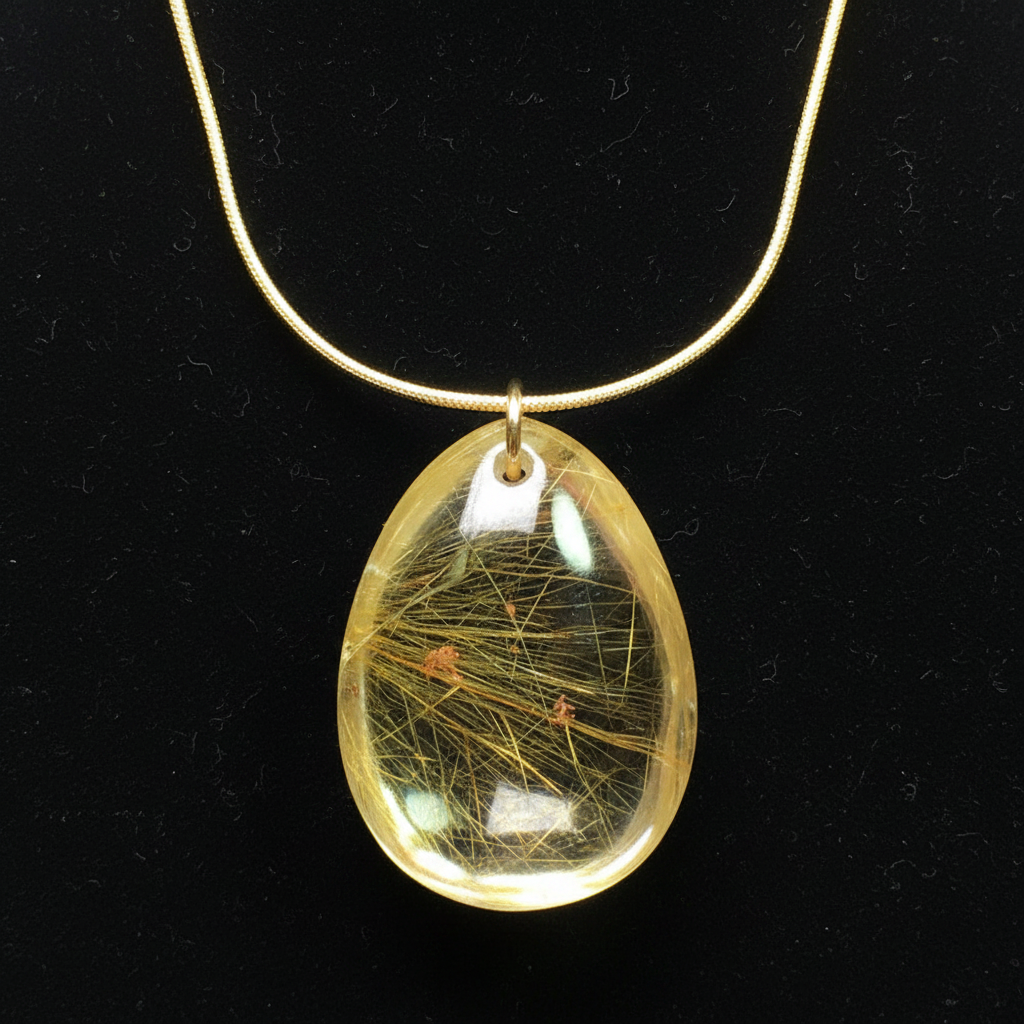 Natural Gold Rutilated Quartz Necklace – Genuine Brazil Crystal Pendant for Women and Men with Elegant Healing Jewelry Style