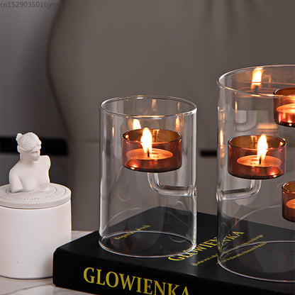 European Glass Candle Holder – Windproof Brown Cylindrical Candle Stand for Dining Tables, Weddings and Elegant Home Decor
