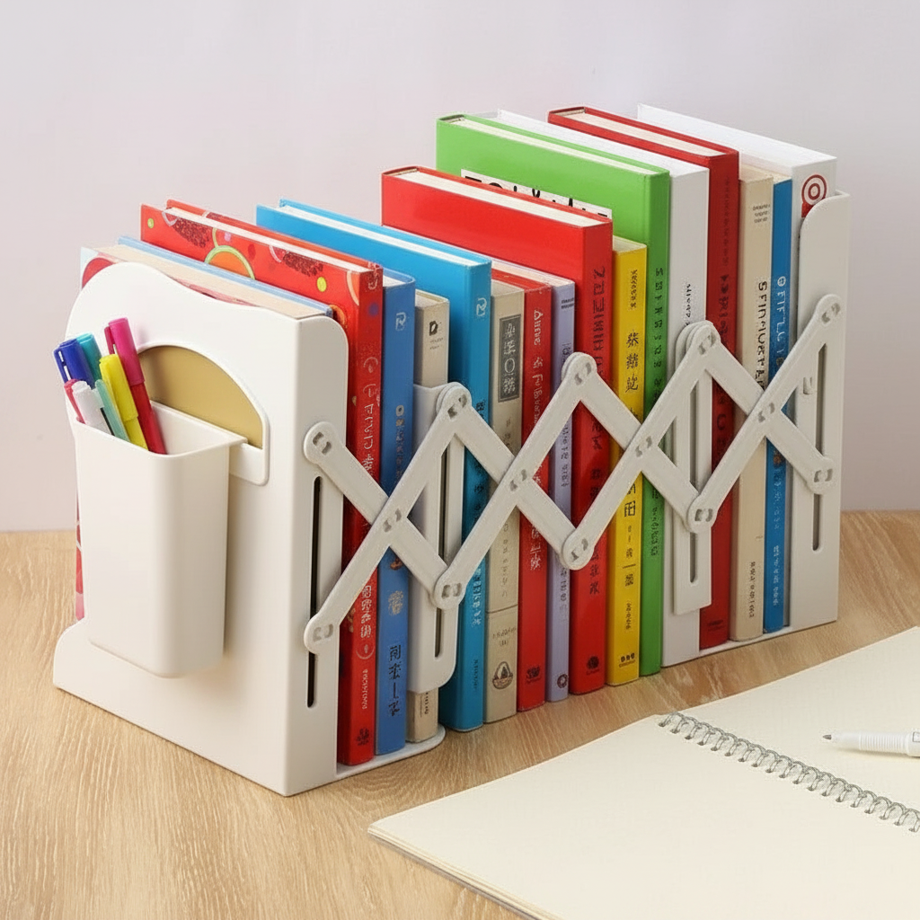 Adjustable Desktop Bookshelf – Telescopic Book Organizer with Bookends for Students, Home Office and Study Desk Storage
