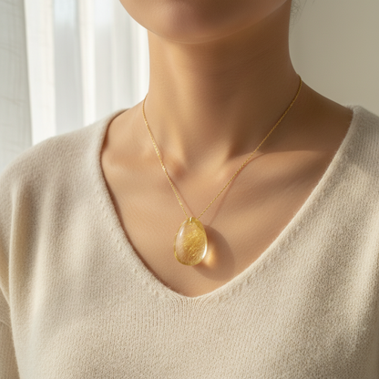 Natural Gold Rutilated Quartz Necklace – Genuine Brazil Crystal Pendant for Women and Men with Elegant Healing Jewelry Style