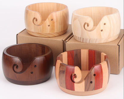 Wooden Yarn Bowl Holder – Round Knitting and Crochet Organizer with Swirl Cutout for Tangle-Free Wool Storage and Craft Projects