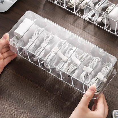 Transparent Cable Storage Box – Divided Grid Organizer for Phone Chargers, USB Data Cables and Household Electronic Accessories