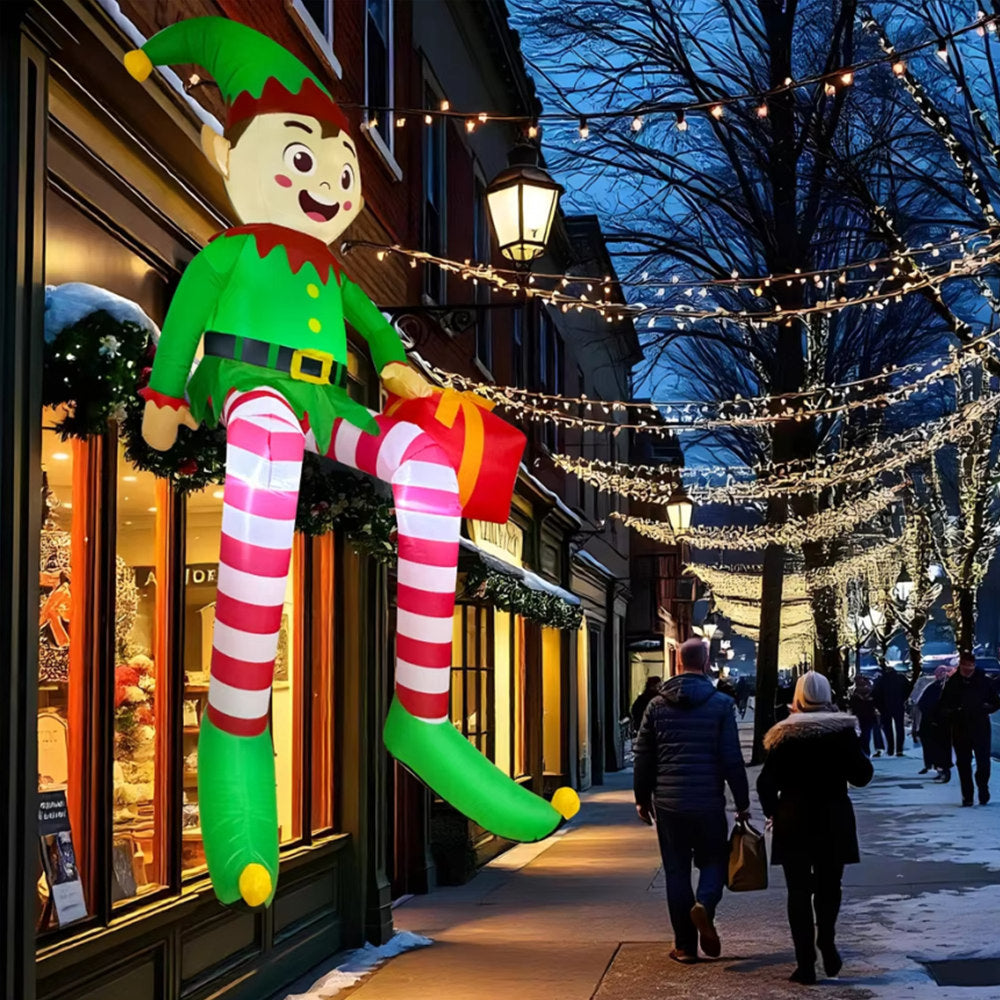 Inflatable Sitting Elf Decoration – 2.5M LED Outdoor Christmas Yard Display with Gift Box for Holiday Celebrations