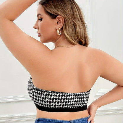 Houndstooth Push-Up Strapless Bra – Front-Closure Wireless Bandeau for Small Busts with Lift, Sweetheart Shape and Stylish Support for Women