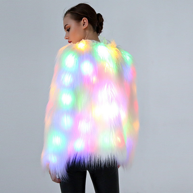 LED Faux Fur Coat – Women's Light Up Hooded Jacket for Festivals, Cosplay, Parties and Eye Catching Winter Fashion