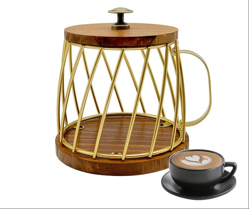Mug-Shaped Coffee Pod Holder – Metal Capsule Storage Basket with Wooden Lid for Kitchen Countertops, Coffee Stations and Decorative Organization