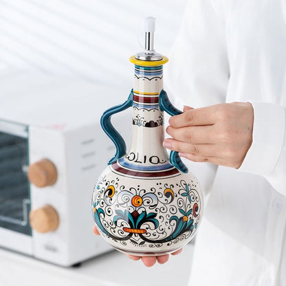 Ceramic Olive Oil Dispenser – BPA-Free Embossed Kitchen Bottle for Olive Oil, Vinegar and Cooking Storage with Elegant Underglaze Design