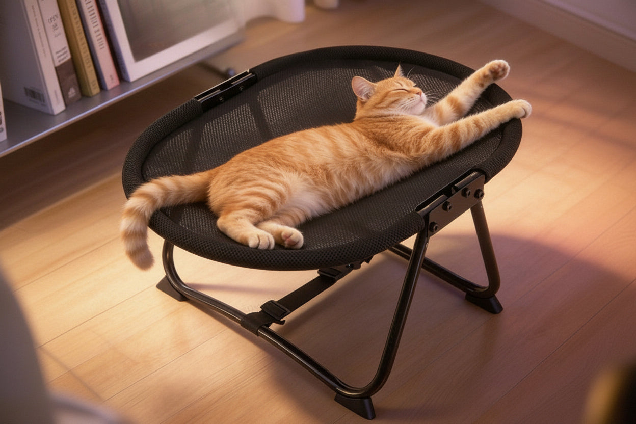 Foldable Elevated Pet Bed – Portable Breathable Mesh Cat and Dog Chair with Soft Flannel Cushion for Garden Outdoor and Travel