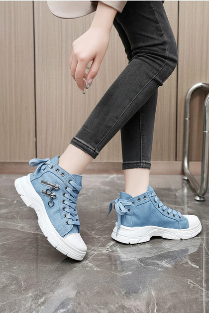Women's High Top Denim Sneakers - Platform Casual Shoes with Breathable Design and Height Boosting Comfort