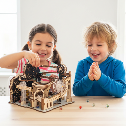 Electric 3D Wooden Marble Run Puzzle - DIY Mechanical Model Kit Brain Teaser for Adults, Kids and Creative Gift Giving