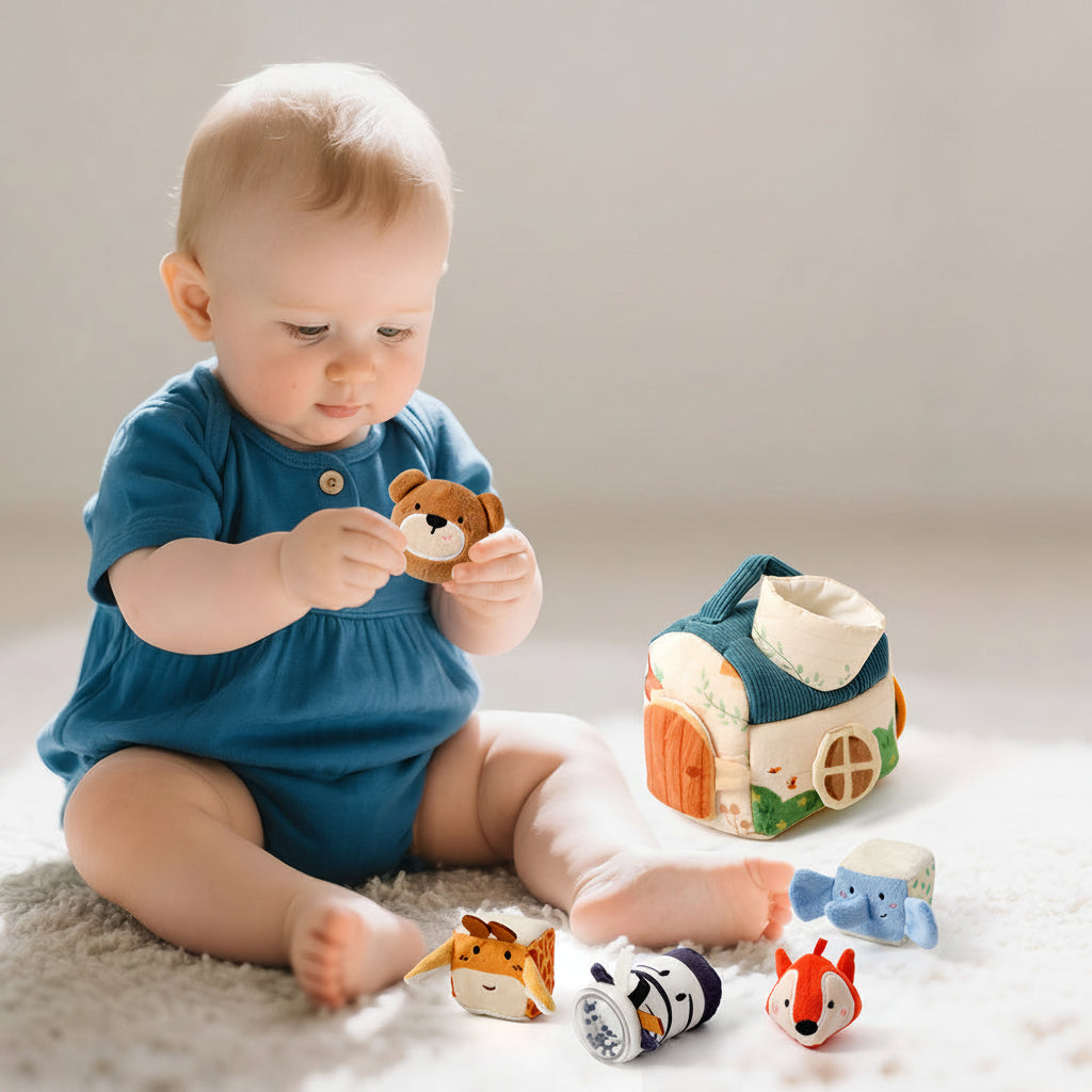 Montessori Plush Farm Barn Toy-Musical Sensory Learning Set with Farm Animals for Infant Development and Cognitive Growth