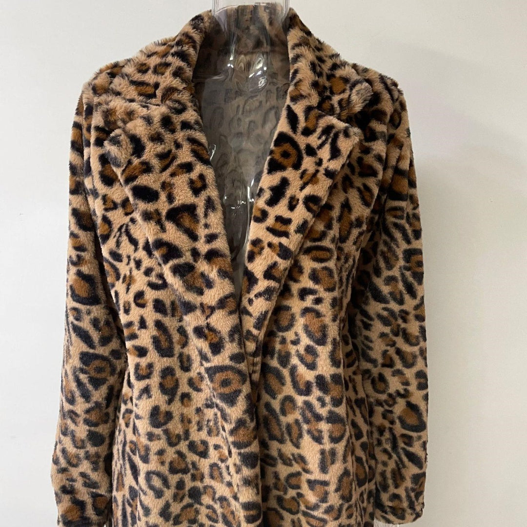 Leopard Print Faux Fur Coat-Womens Fashion Overcoat with Turn Down Collar and Cozy Winter Elegance