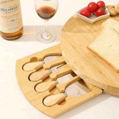 Bamboo Cheese Board and Knife Set – Portable Charcuterie Serving Tray with Sliding Drawer for Entertaining, Camping and Party Gatherings