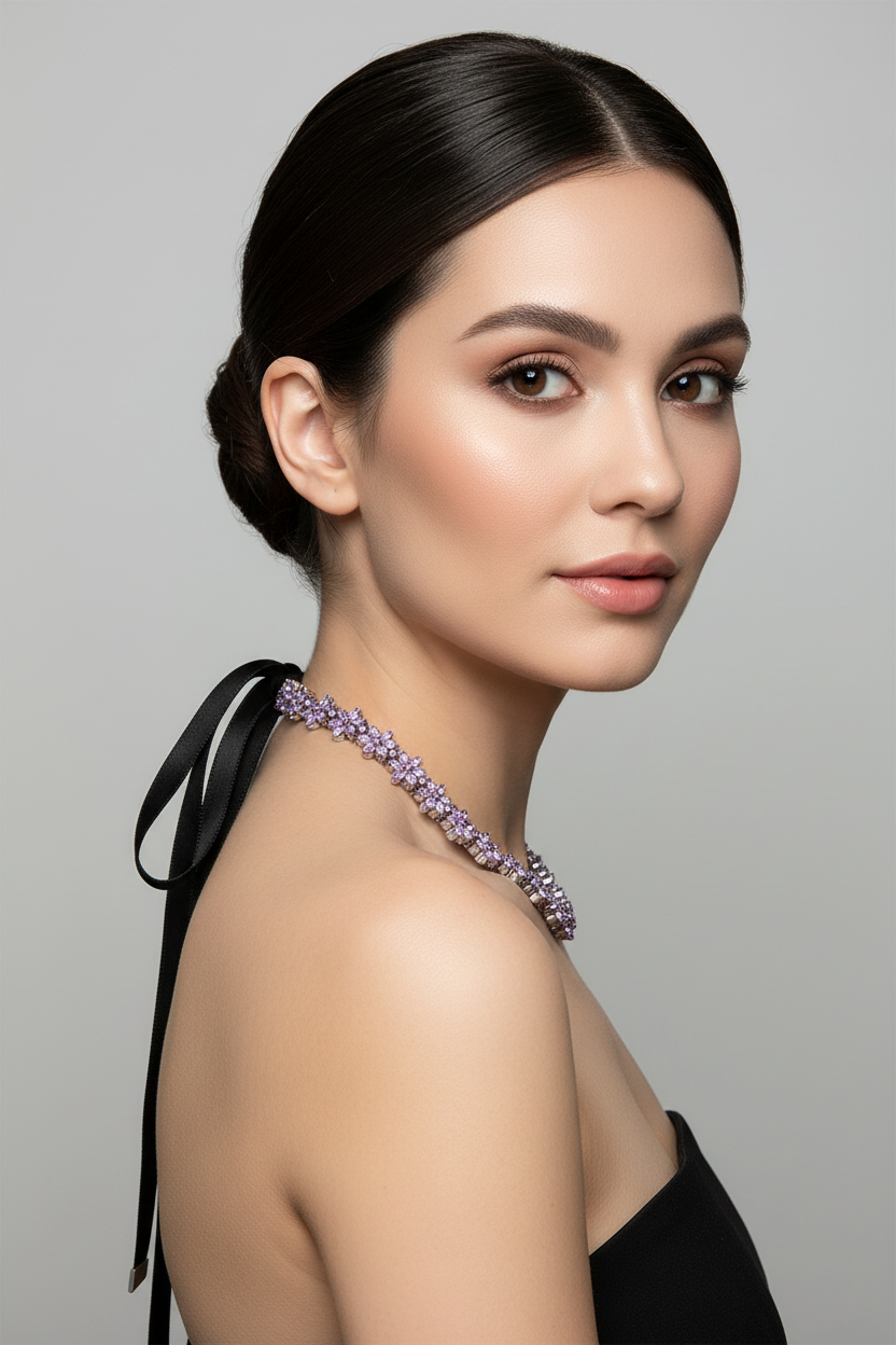Silver Purple Bee Necklace – Sparkling Plant Specimen Pendant with Black Rope Wrap for Nature-Inspired Jewelry, Gifts and Elegant Everyday Styling