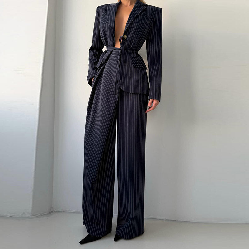 Pinstripe Blazer Pants Set – Backless Tie Waist Two Piece Office Suit with Wide Leg Trousers for Modern Business Fashion