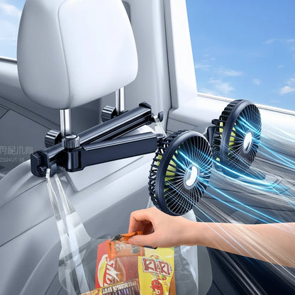 Dual Head Car Seat Fan - Adjustable Headrest Cooling Fan with 360 Degree Rotation and Quiet Airflow