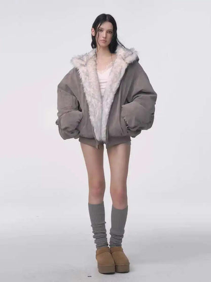 Oversized Fur Hooded Winter Coat-Womens Streetwear Padded Jacket for Warmth Gothic Fashion and Daily Wear