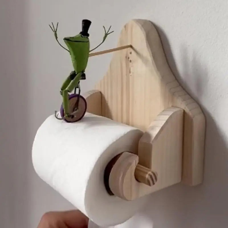 Frog Bicycle Toilet Paper Holder - Creative Wooden Tissue Roll Rack for Bathrooms, Farmhouse Decor and Fun Home Accents