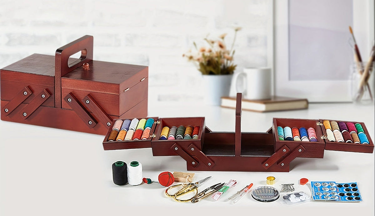 Wooden Sewing Box – Expandable Embroidery Storage Basket with Handle for Sewing Supplies, Threads, Needles and Portable Craft Organization