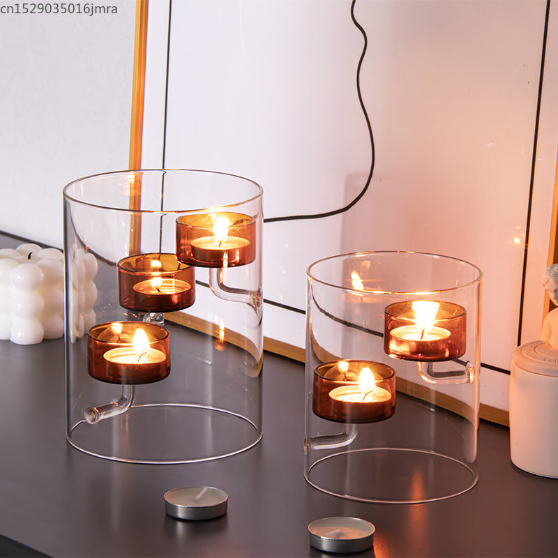 European Glass Candle Holder – Windproof Brown Cylindrical Candle Stand for Dining Tables, Weddings and Elegant Home Decor