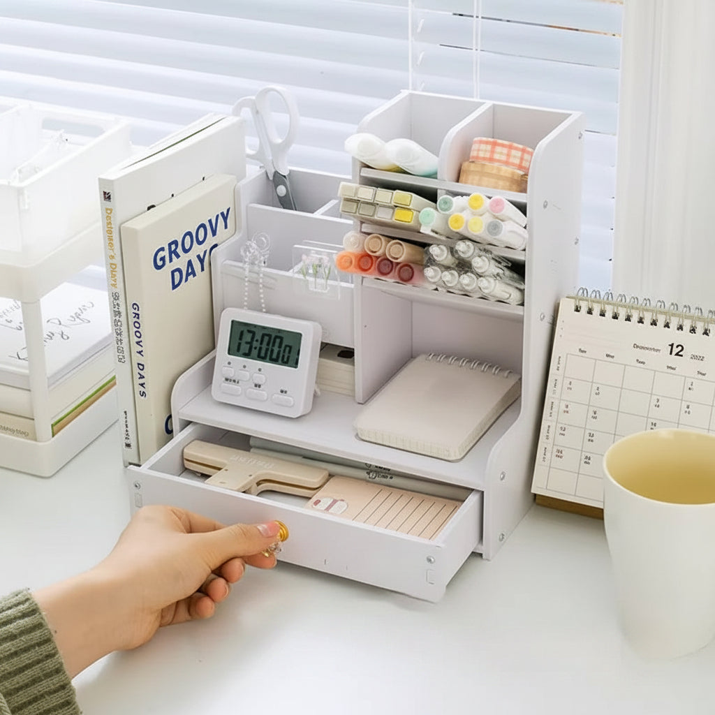 Wooden Desk Organizer – Multi Compartment Stationery Holder with Bookshelf for Office Supplies, Pens and Desktop Organization