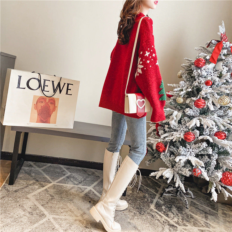 Color Block Christmas Sweater – Thick Knit Women’s Holiday Pullover with Snowflake Design, Cozy Korean Winter Fashion and Casual Comfort