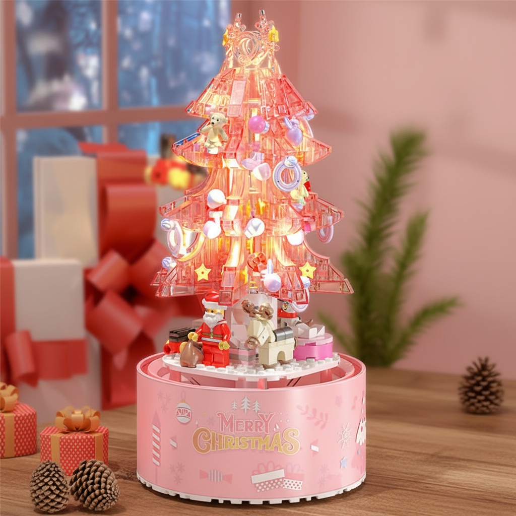 Pink Christmas Tree Shop Building Blocks – Desktop Display Model with Dust Cover for Holiday Collectors and Creative Gifts