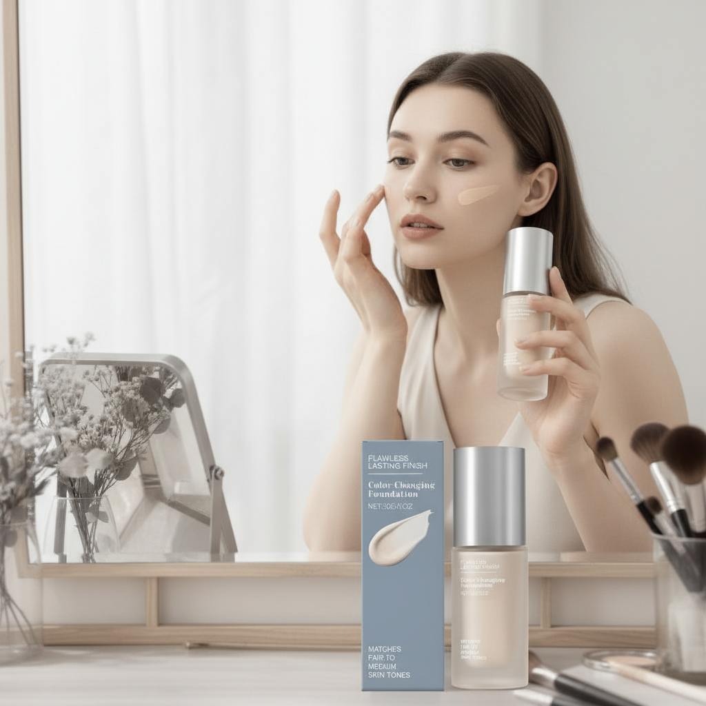 Color-Changing Foundation – Full-Coverage Lightweight Face Makeup that Brightens, Conceals Pores and Fine Lines for a Smooth Natural-Looking Everyday Finish
