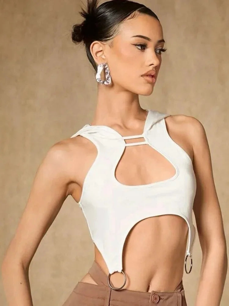 Y2K Hooded Crop Top – White Hollow Out Sleeveless Tank with Ring Details for Women, Sexy Summer Streetwear, Festival and Casual Outfits