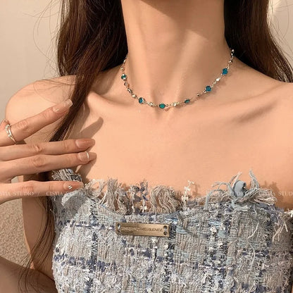 Blue Crystal Butterfly Necklace – Romantic Zircon Clavicle Chain with Elegant Double-Layer Design for Women, Girls, Weddings and Parties