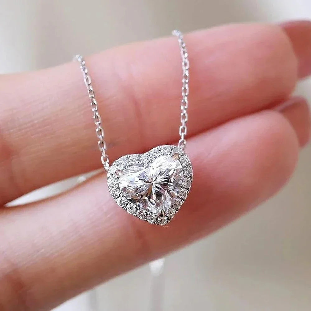 Full Moissanite Heart Halo Pendant Necklace – Certified S925 Silver Diamond-Look Fine Jewelry for Women, Elegant Wedding Accessory, Romantic Gift and Party Style