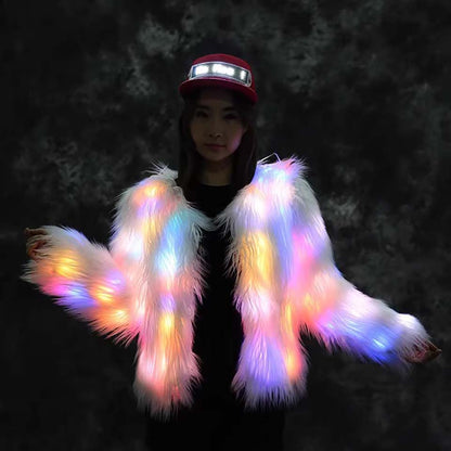 LED Faux Fur Coat – Women's Light Up Hooded Jacket for Festivals, Cosplay, Parties and Eye Catching Winter Fashion
