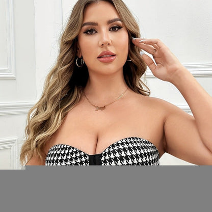 Houndstooth Push-Up Strapless Bra – Front-Closure Wireless Bandeau for Small Busts with Lift, Sweetheart Shape and Stylish Support for Women