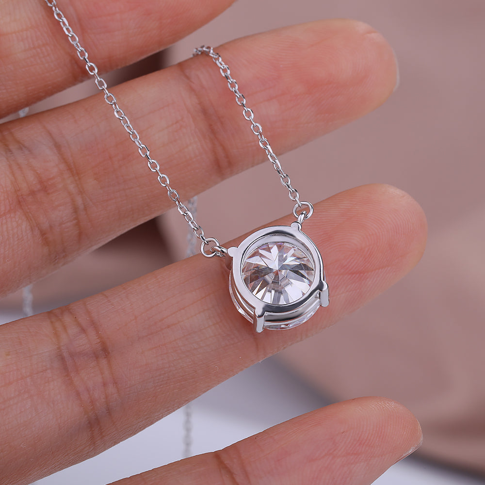 Round Moissanite Pendant Necklace – S925 Sterling Silver 4-Prong Solitaire Diamond-Look Chain for Women, Wedding Jewelry and Elegant GRA-Certified Gifts
