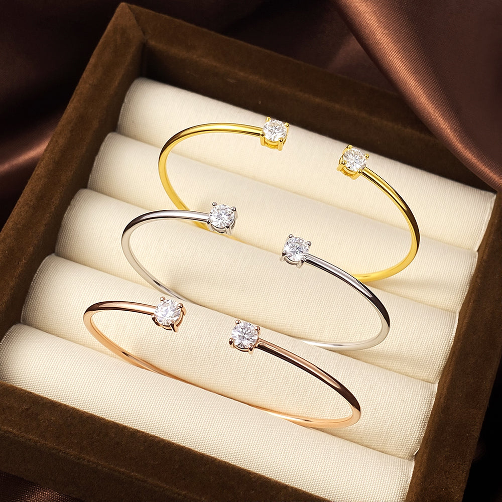 Moissanite Bangle – 2-Stone 5mm S925 Sterling Silver 18K Gold-Plated Diamond-Look Bracelet for Women, Party Jewelry, Special Gifts and GRA-Certified Style