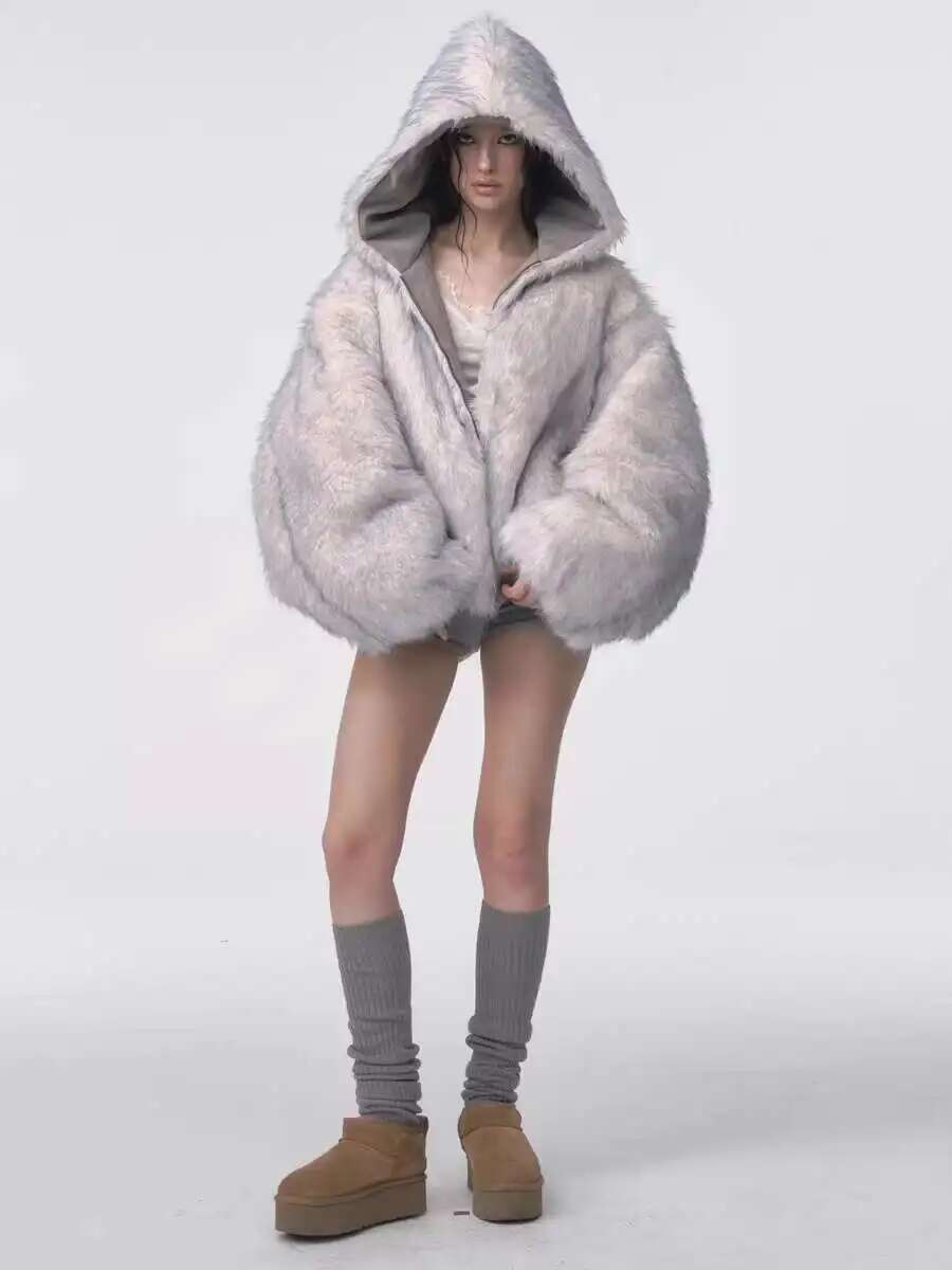 Oversized Fur Hooded Winter Coat-Womens Streetwear Padded Jacket for Warmth Gothic Fashion and Daily Wear
