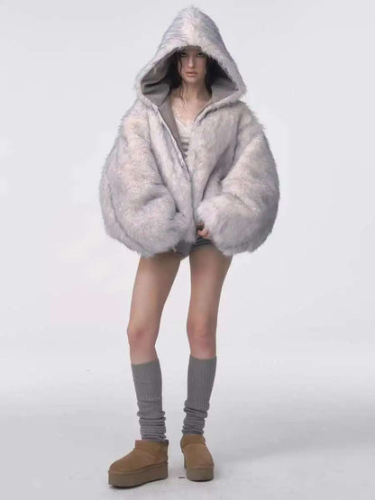 Oversized Fur Hooded Winter Coat-Womens Streetwear Padded Jacket for Warmth Gothic Fashion and Daily Wear