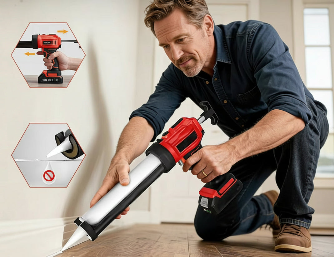 Electric Caulking Gun – 20V 3A Cordless Sealant Applicator with LED Light, Adjustable Push Rod and Aluminum Release Button for DIY Projects