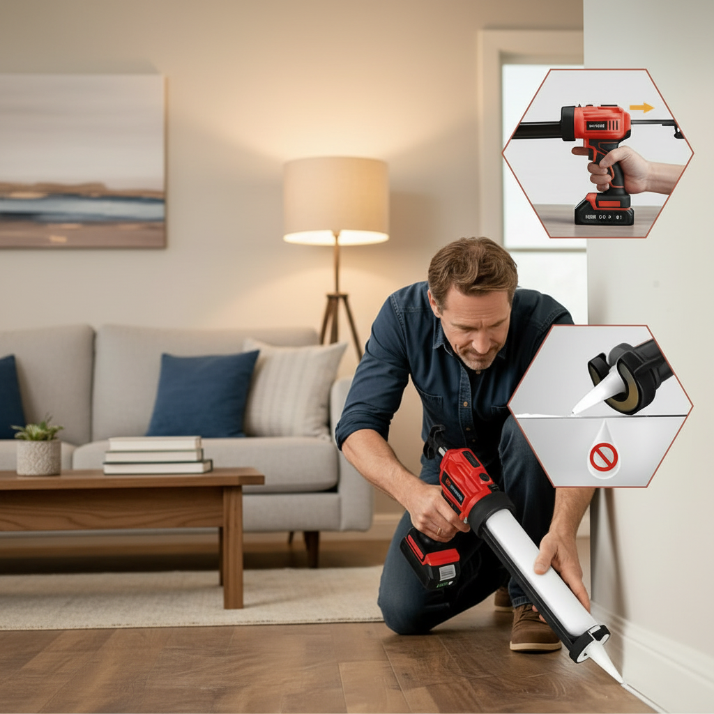 Electric Caulking Gun – 20V 3A Cordless Sealant Applicator with LED Light, Adjustable Push Rod and Aluminum Release Button for DIY Projects