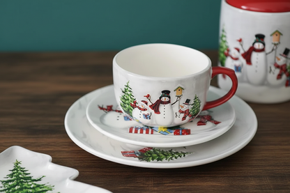 Christmas Ceramic Dinnerware Set – Snowman Holiday Plates, Bowls, Teapot and Cutlery for Festive Family Dining