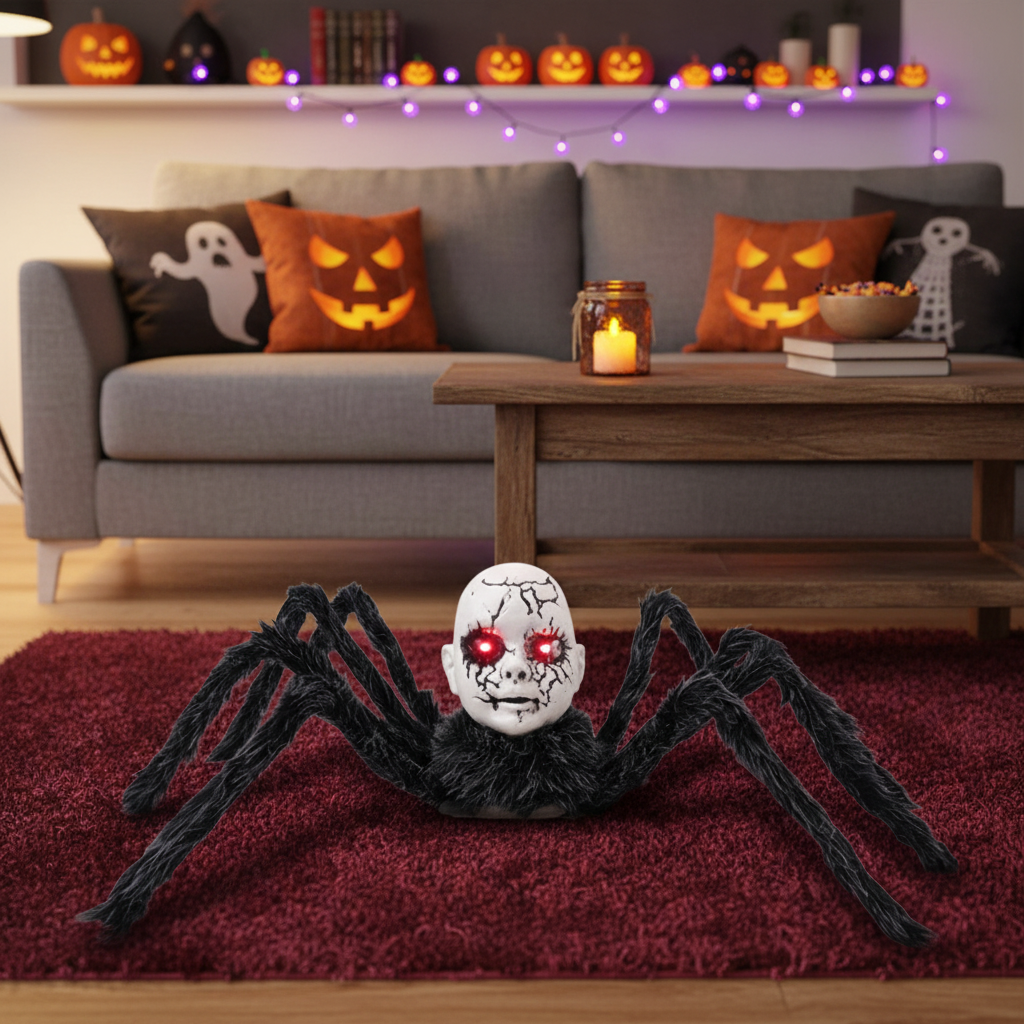 Animatronic Spider Doll Face Halloween Prop – Motion-Activated Glowing Eyes and Sound Control for Scary Haunted House Decorations and Parties