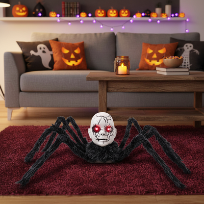 Animatronic Spider Doll Face Halloween Prop – Motion-Activated Glowing Eyes and Sound Control for Scary Haunted House Decorations and Parties