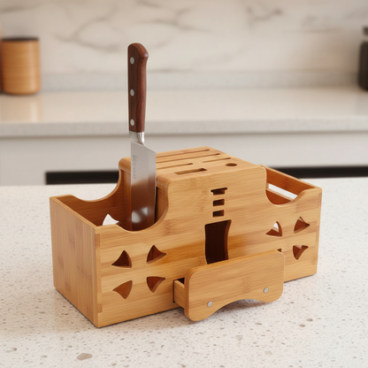 Solid Wood Kitchen Knife Holder Rack – Multifunctional Countertop Storage Organizer for Knives, Chopsticks, Utensils and Modern Kitchen Organization