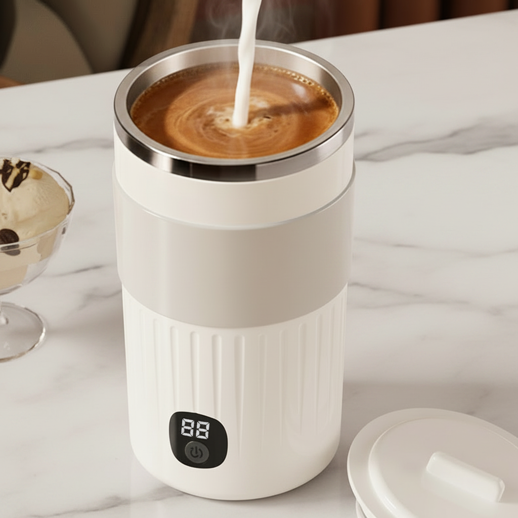 Portable Automatic Self Stirring Mug – USB Rechargeable Smart Mixing Cup with Temperature and Battery Display for Coffee and Drinks.