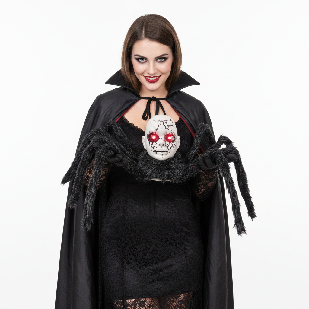 Animatronic Spider Doll Face Halloween Prop – Motion-Activated Glowing Eyes and Sound Control for Scary Haunted House Decorations and Parties