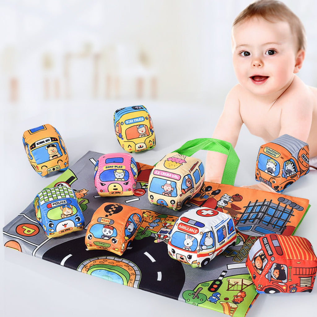 Soft Fabric Baby Car Toy Set - Tear Resistant Sensory Cloth Book with Play Mat and Storage Bag for Early Learning