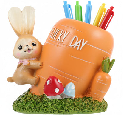 Cute Resin Rabbit Pen Holder – Cartoon Animal Pencil Organizer and Desktop Storage Container for Office, Home and Study Decor