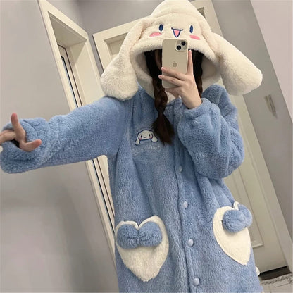 Hello Kitty Fleece Pajama Robe - Kawaii Anime Sleepwear with Plush Comfort for Winter Nights